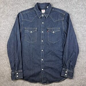 Levis Shirt Mens M Blue Western Pearl Snap Dark Wash Cowboy Long Sleeve